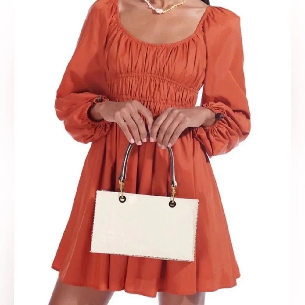 STAUD Bow Dress Smocked Waist Dress Size 8 Rust Long Sleeve Peasant Mini
